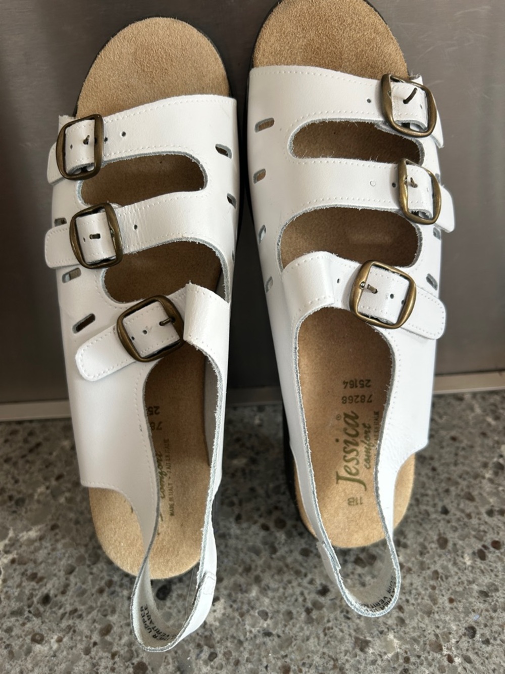 Jessica White Triple-Buckle Slingback Sandals with Gold Hardware